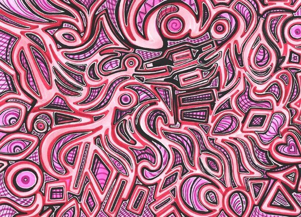 Abstract art piece made with sharpie and marker Circles and curving lines of black and varying shades of pink 