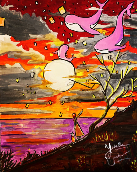 Painting A young person in a brown skirt with red hair in a braid stands on a hill side with a calico cat sitting at her side She is pointing at three pink and white wales flying through the sky as the sun sets over a pink and red body of water The clo