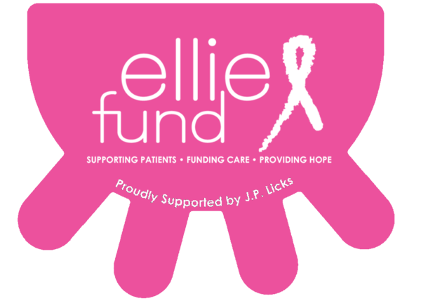 Pink udder shape sticker with just four teats on a black background White text reads ellie fund supporting patients funding careproviding hope Proudly supported by JP Licks