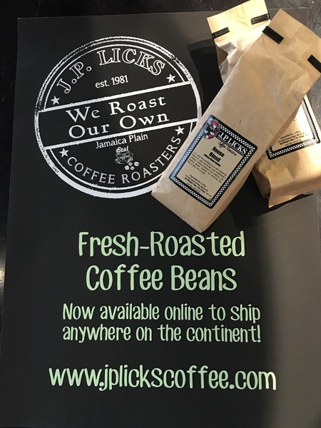We Roast Our Own FreshRoasted Coffee Beans now available online to ship anywhere on the continent wwwjplickscoffeecom on black background with two bags of JP Licks coffee in brown paper bags