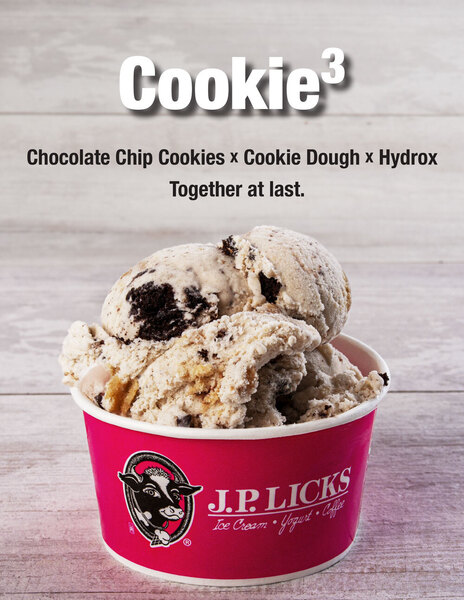 TEXT Cookiesup3 Chocolate Chip Cookies x Cookie Dough x Hydrox Together at last on white paneled background in with picture of vanilla ice cream containing these cookies in a pink JP Licks branded cup