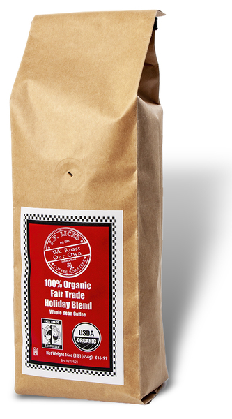 Brown paper coffee bag with red label Text JP Licks coffee logo nbsp100 Organic Fair Trade Holiday Blend Whole Bean Coffee