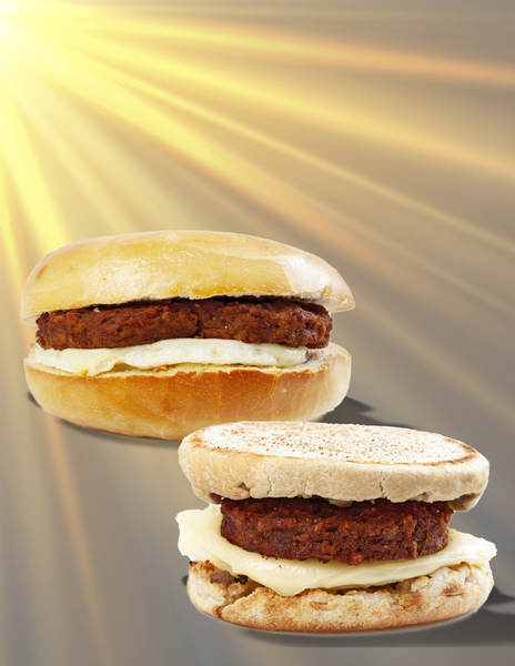 Upper left corner sunshine rays shining onto bagel and English Muffin with veggie sausage patty egg and cheese sandwiches 
