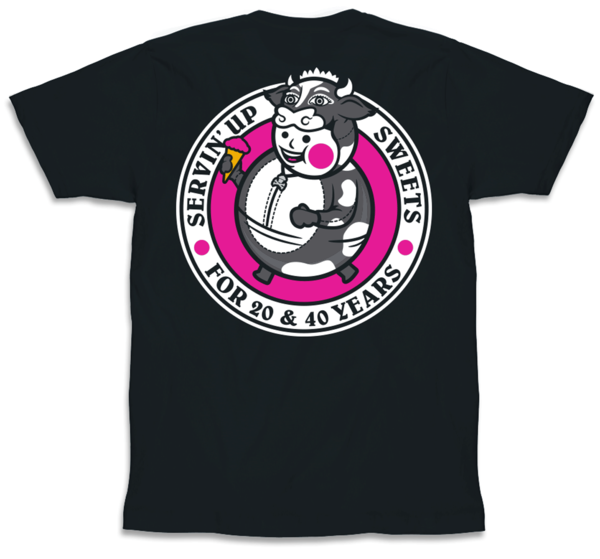 Black short sleeve tshirt with Johnny Cupcakes design across the back Pink white black circle around round boy wearing cow suit and carrying pink ice cream cone Text Servin up Sweets for 20  40 years