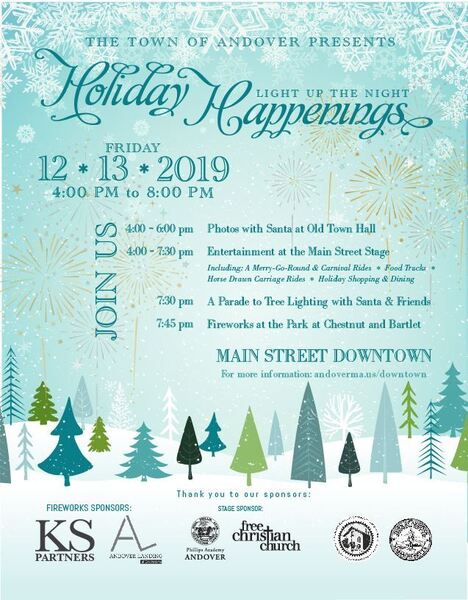 The Town of Andover Presents Holiday Happenings Light Up the Night Friday 12132019 4 pm to 8 pm on blue snowy background 