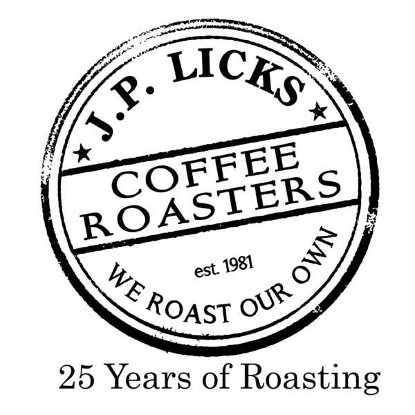 Our coffee logo JP Licks est 1981 We Roast Our Own Jamaica Plain Coffee Roasters in a circle in black and white Underneath reads 25 years of roasting 