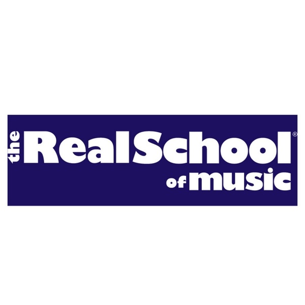 The Real School of Music in white on blue background