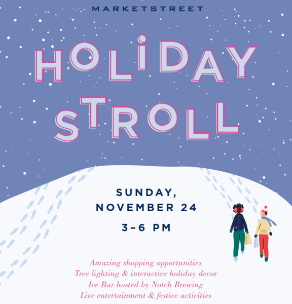 MarketStreet Holiday Stroll over blue snowy sky Sunday November 24 36 pm over snow banks Two people walking on snow bank 