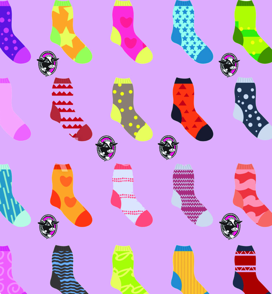 Four rows of bright single socks on a pink background with the cow portion of the JP Licks placed 6 times between the socks 