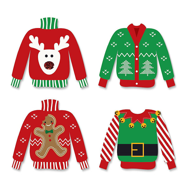 Four Christmas Sweaters reindeer tress gingerbread man elf sweater
