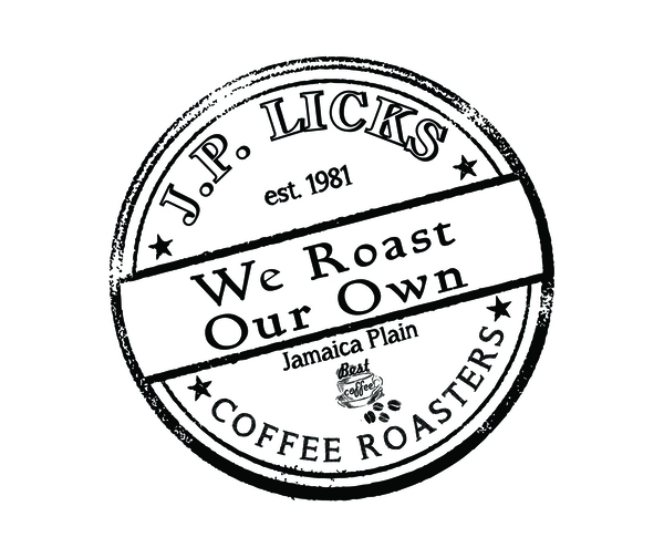 Our coffee logo JP Licks est 1981 We Roast Our Own Jamaica Plain Coffee Roasters in a circle in black and white on angle 