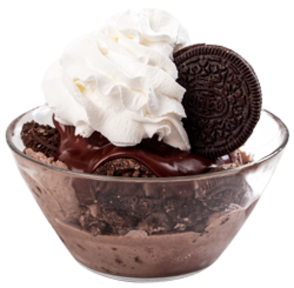 Cookies n Cream ice cream in glass bowl with cookie crumble on top fudge whipped cream and single Oreo cookie in whipped cream 