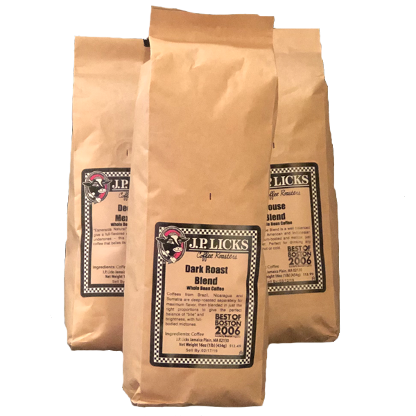 3 bags of coffee beans in beige sealed bags with a JP Licks logo